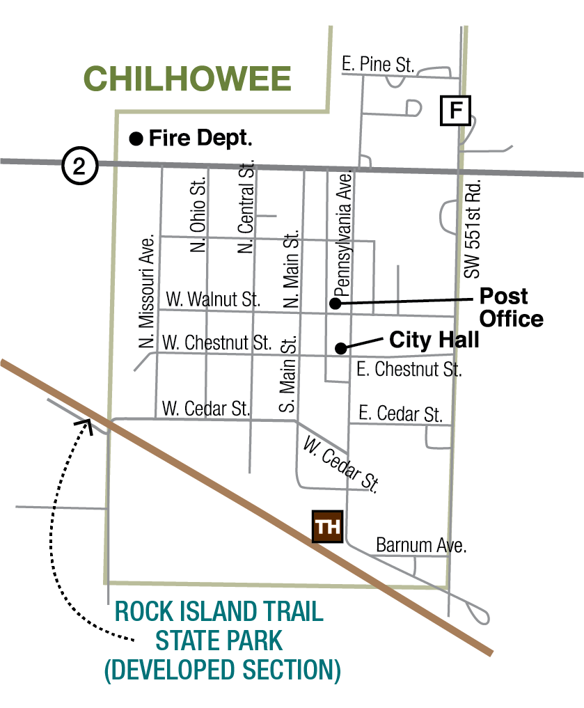 Map of Chilhowee trailhead, Rock Island Trail, and surrounding streets and features