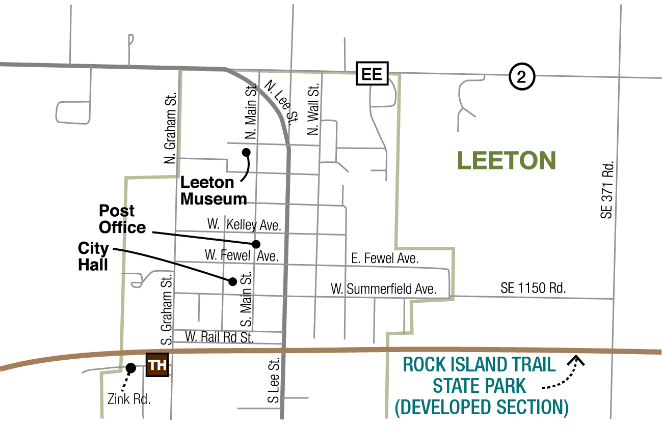 Map of Leeton trailhead, Rock Island Trail, and surrounding streets and features