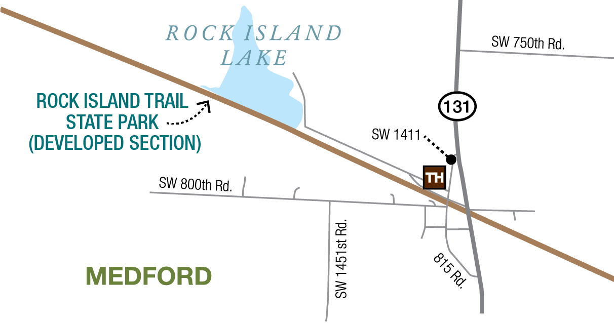 Map of Medford trailhead, Rock Island Trail, and surrounding streets and features