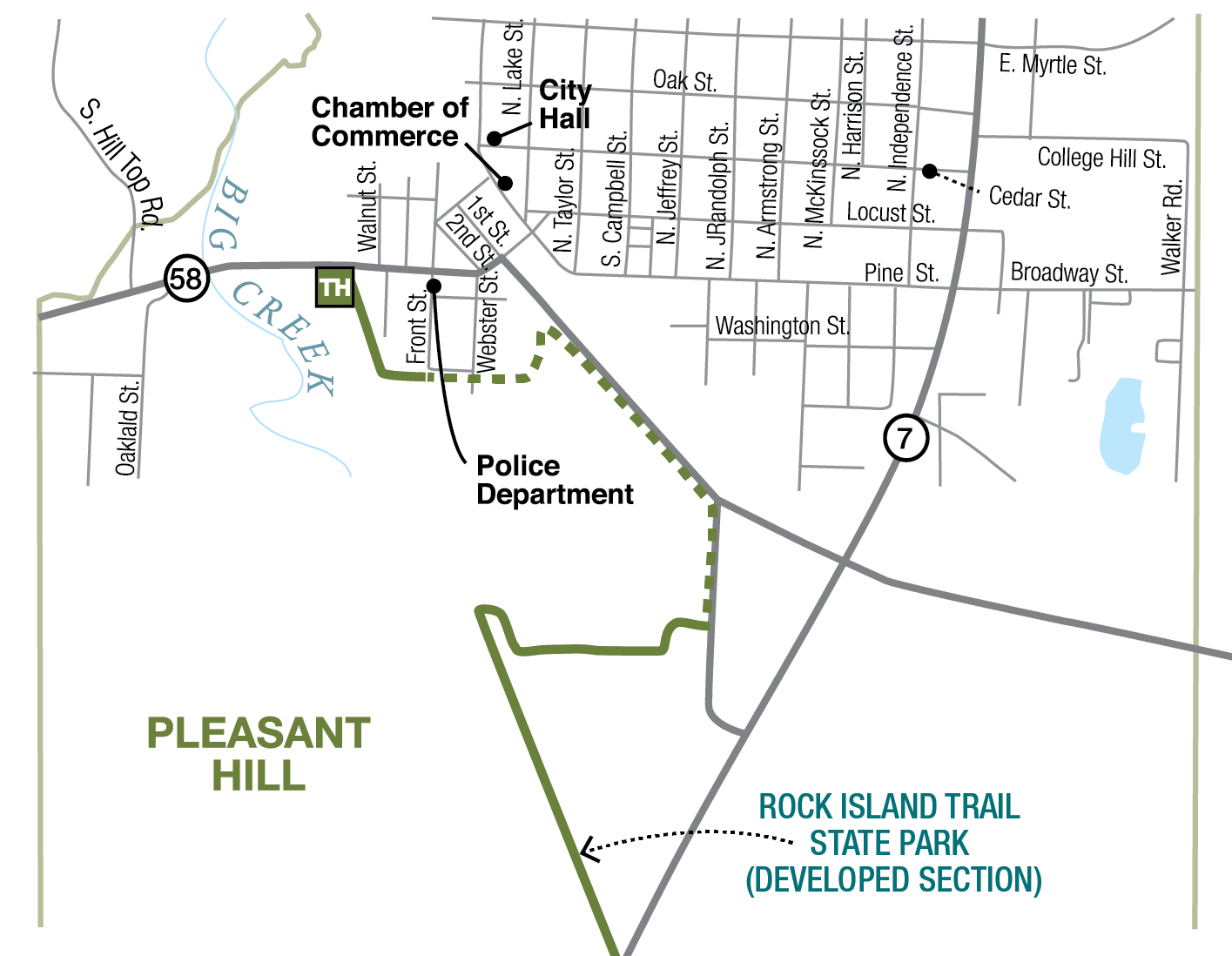 Map of Pleasant Hill trailhead, Rock Island Trail, and surrounding streets and features