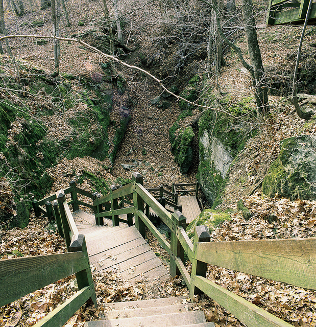 wooden steps leading down to the cave entrance
