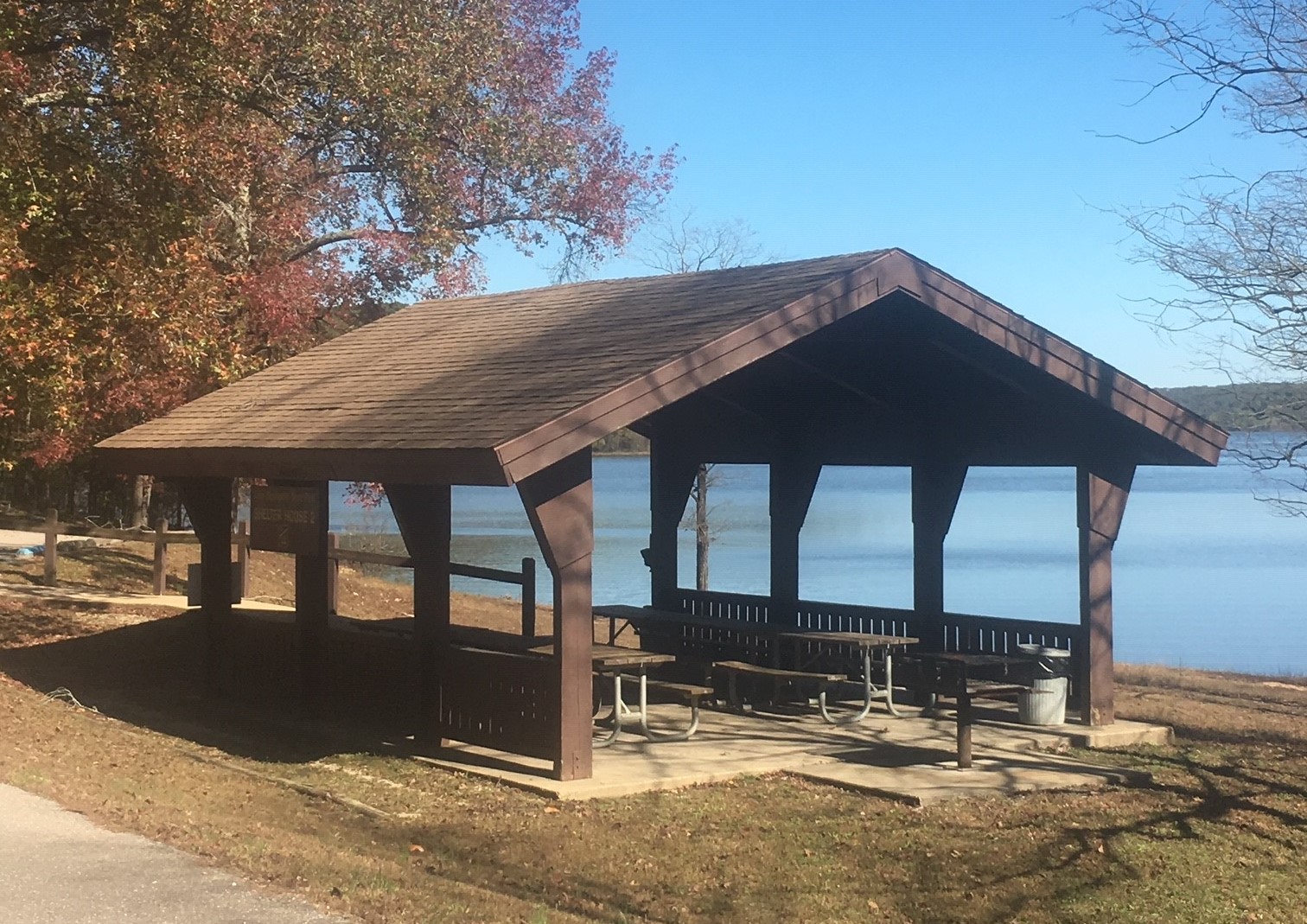 Picnic shelter with lake in background