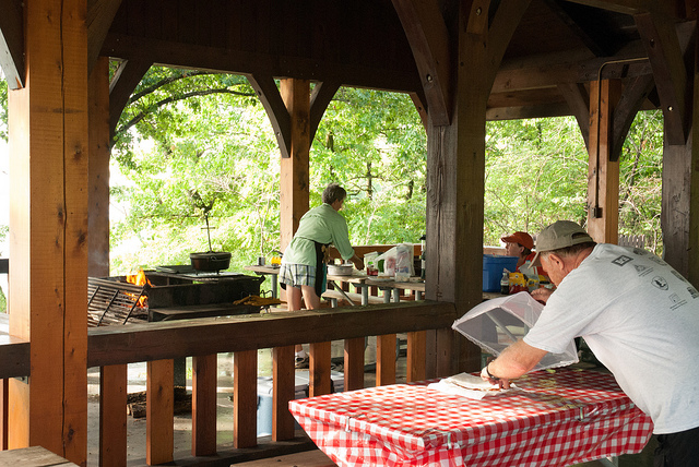 People using one of the shelters