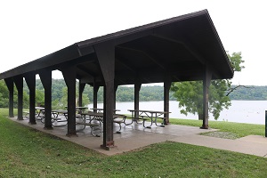 picnic shelter next to the lake