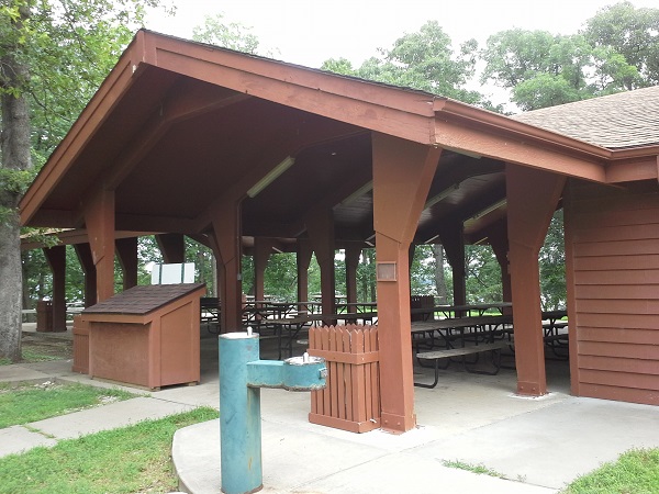 picnic shelter with water fountain in front
