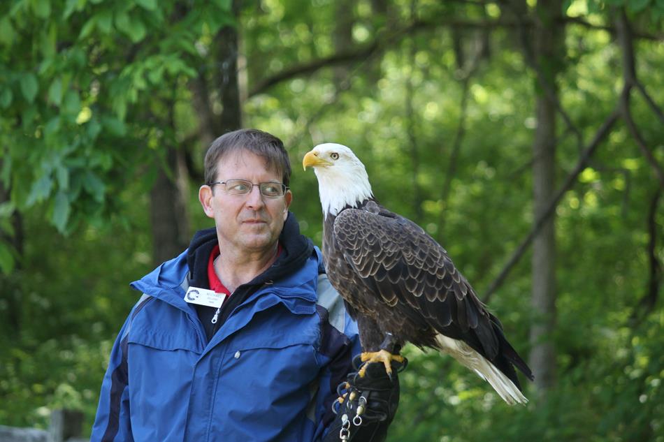 man holding a bald eagle