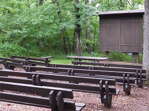 wooden benches and stage at the amphitheater
