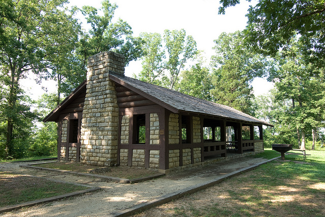 stone picnic shelter with rock chimney
