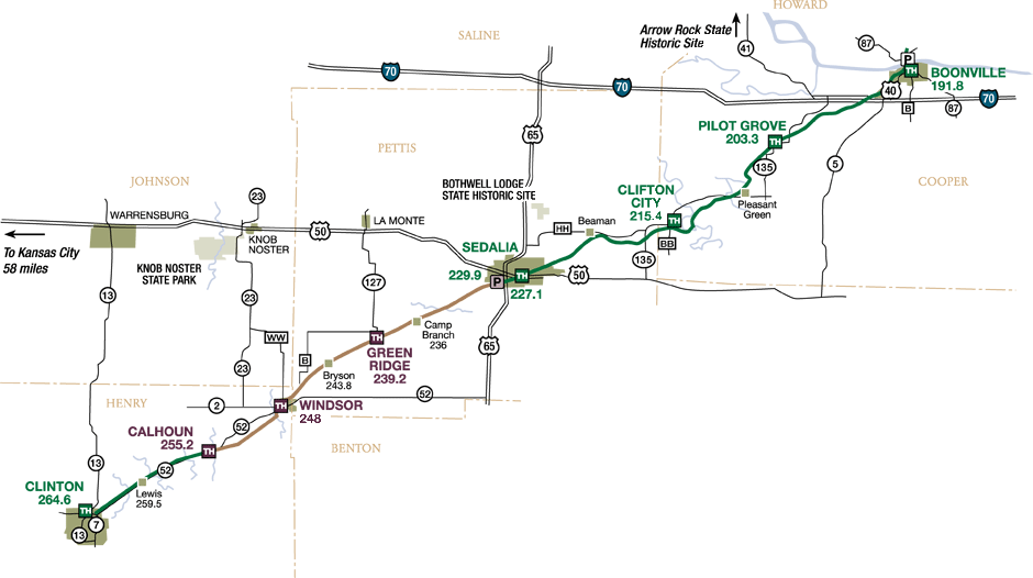 Map of Katy Trail from Clinton to Booneville