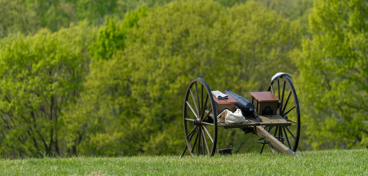 Cannon placed in a grass field with trees in the background