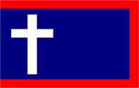  Drapeau bleu bordé de rouge avec une croix blanche à gauche 